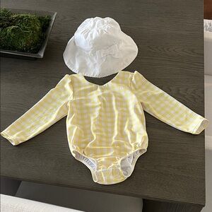 Janie and Jack Yellow Gingham Long-Sleeve One-Piece Swimsuit with White Hat.